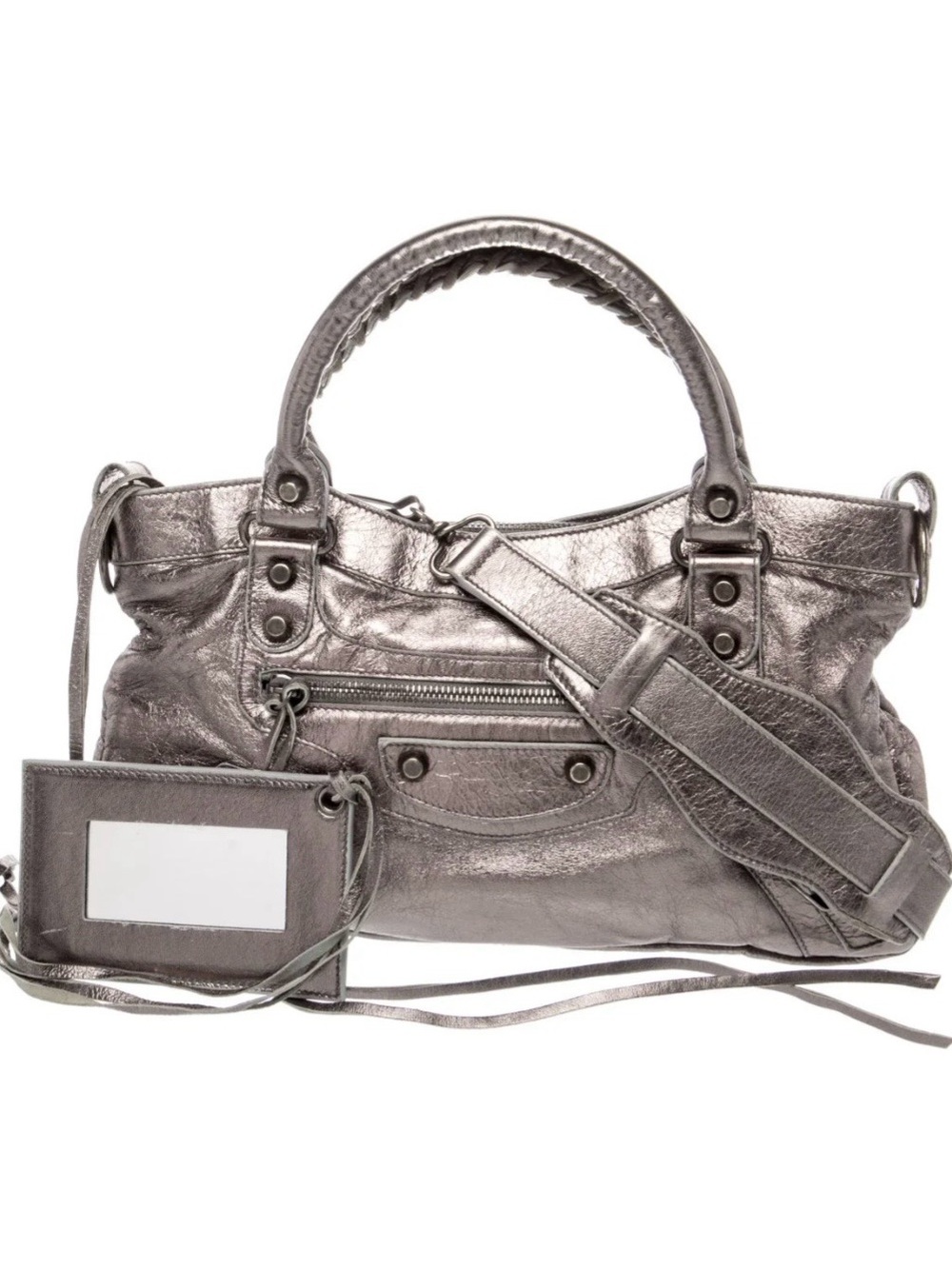 BALENCIAGA 2004 Holiday Metallic Pewter First Bag w/ Original Mirror + Strap